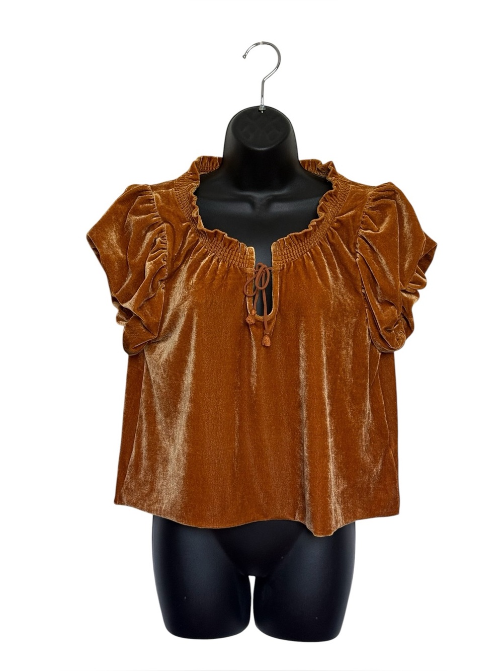 Free People Terese Velvet Puff Sleeve Blouse Top Pumpkin Pie S Small No sizeTag